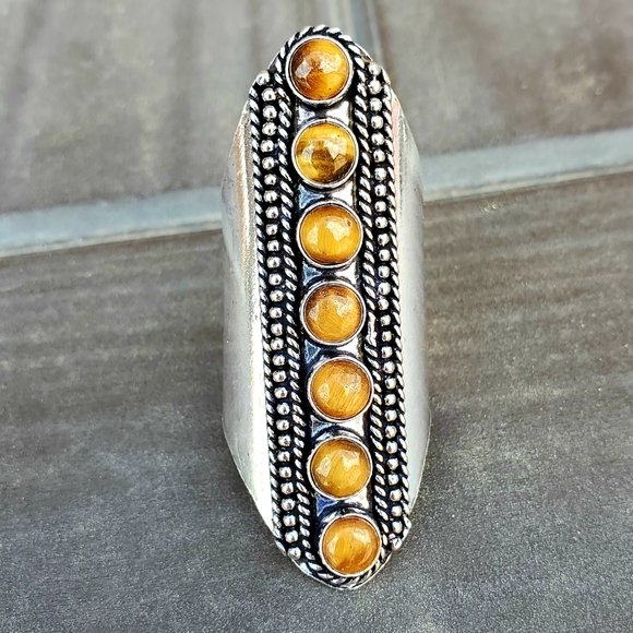New 7 Stone Tiger Eye Adjustable Silver Statement Ring. - Picture 7 of 15